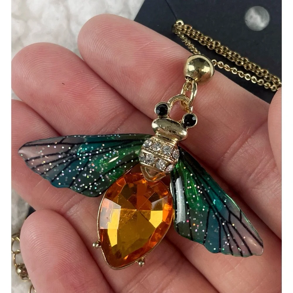 (NWOT) Blue/Green/Orange/Gold Firefly Necklace w/ Matching Drop Earrings - Picture 5 of 15